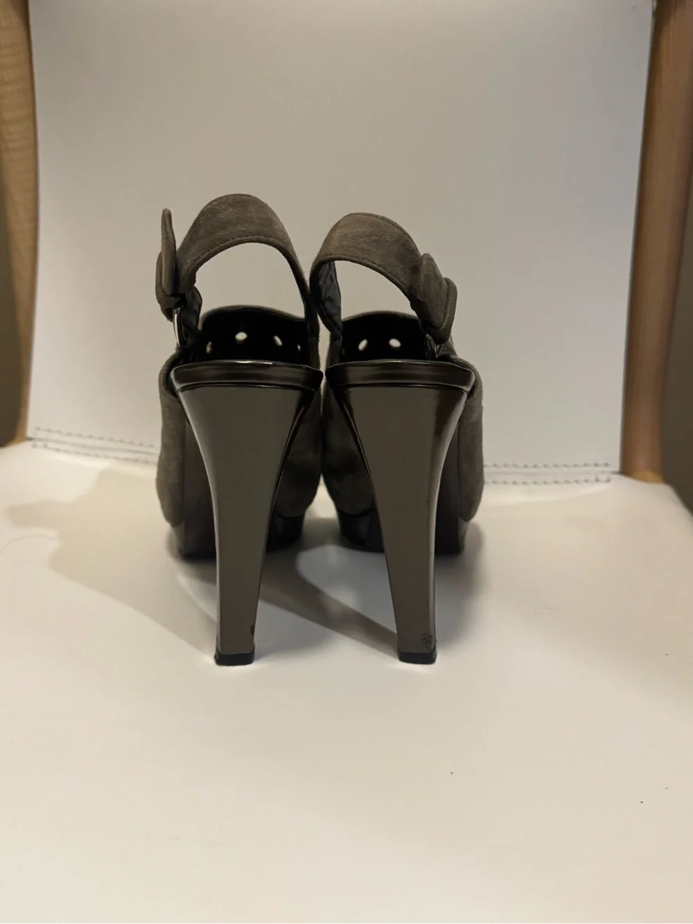 Stuart Weitzman Olive Taupe Suede Peep-Toe Slingback Mules